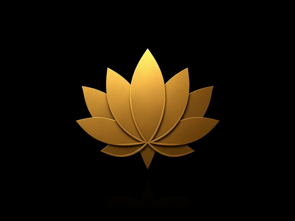 Abstract geometric lotus symbol in gold foil, matte black background, subtle reflection, luxury brand style, photorealistic 8k